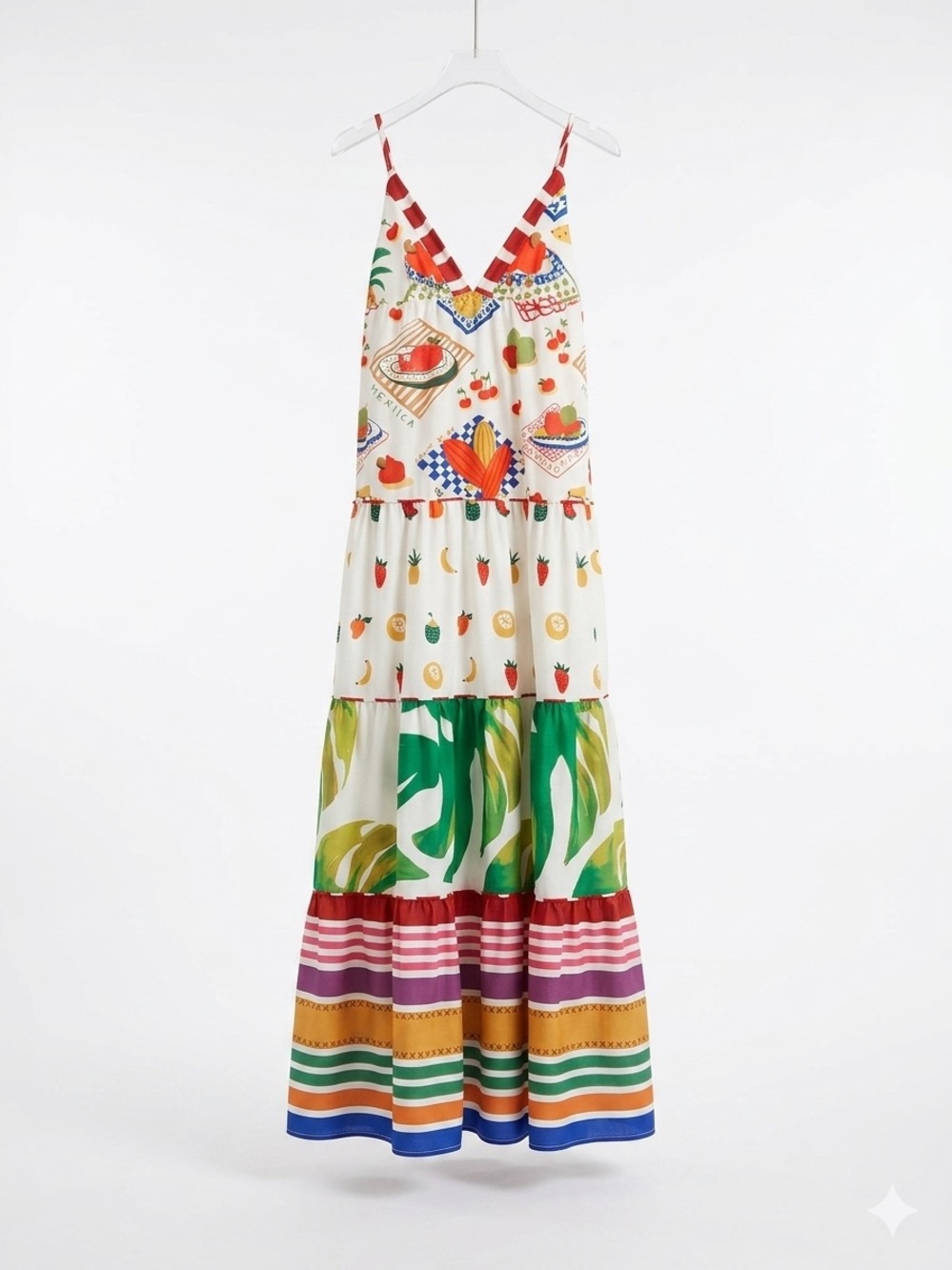 Tropical Fruit Print Tiered Maxi Dress - Bold Multi-Color Euro Summer Sundress